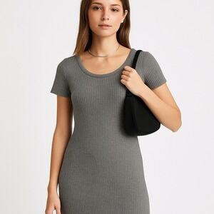 Brandy Melville Gray Ribbed Knit Mini Dress One Size Stretch Bodycon Casual Soft